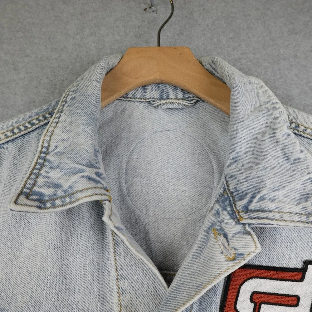 Zara Distressed Denim Jacket Mens Medium Graphic Patches Button Light Wash AOP